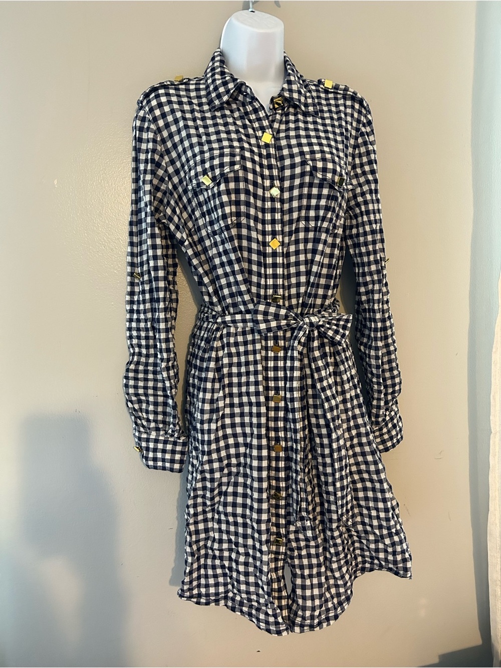 Tory Burch Navy and White Gingham Shirt Dress with Waist Tie